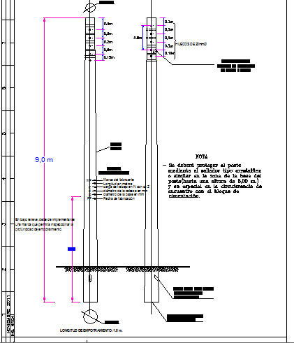 Constructive details of concrete lighting pole dwg file