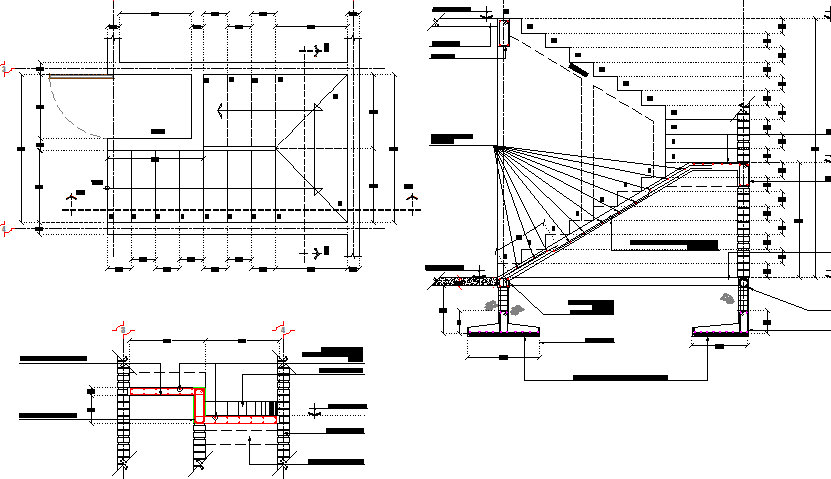 Constructive details of concrete staircase of office dwg file