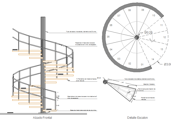 Constructive details of spiral staircase of bungalow dwg file