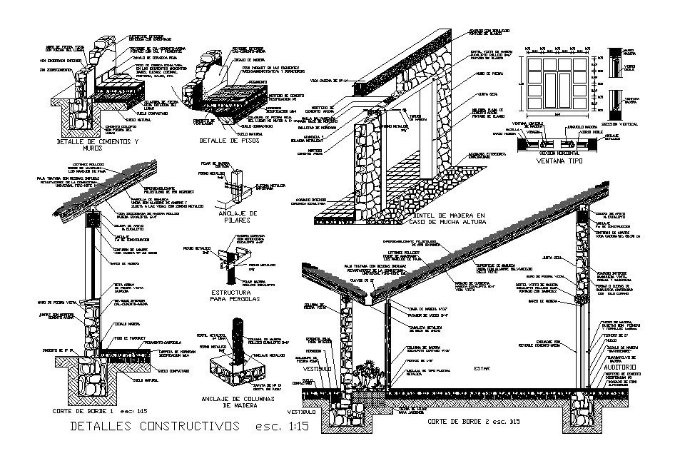 Constructive section, wall construction and window cad drawing details dwg file