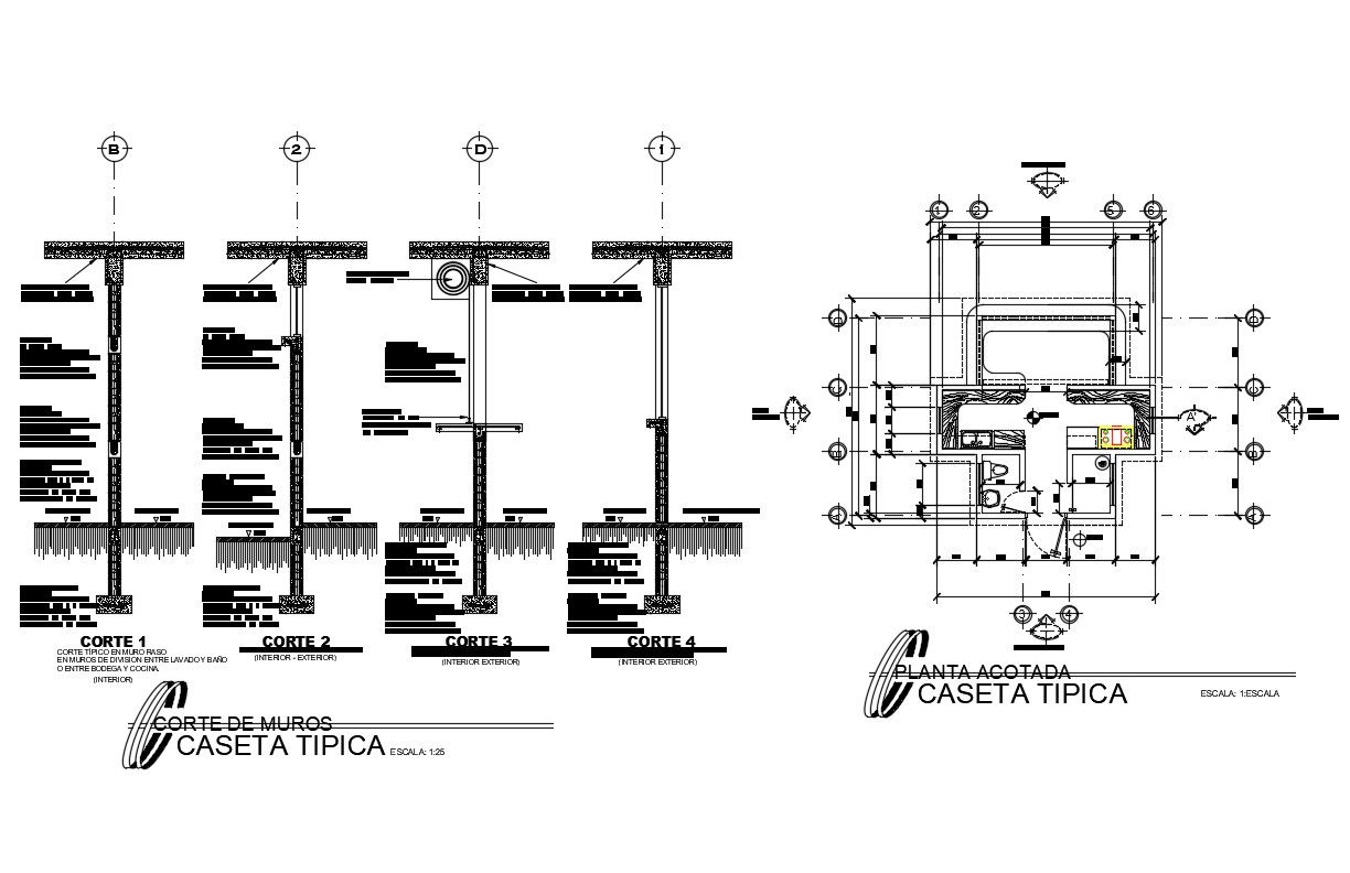 Constructive section and sanitary installation details of university canteen dwg file