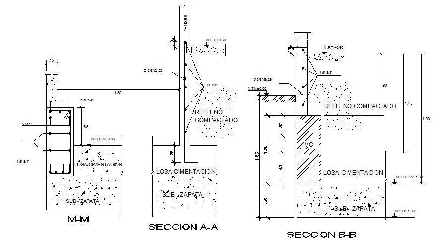 Constructive section details with footings cad drawing details dwg file