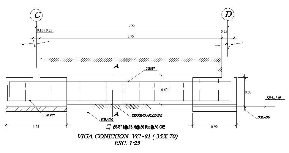 Continuous footing section view is given in this Autocad drawing file.Download now.
