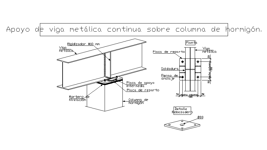 Continuous metal support on a column detail drawing presented in this AutoCAD file. Download this 2d AutoCAD drawing file.