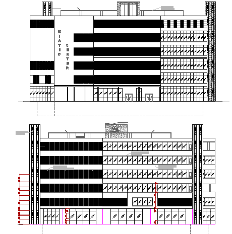 Convention center front and back elevation view dwg file