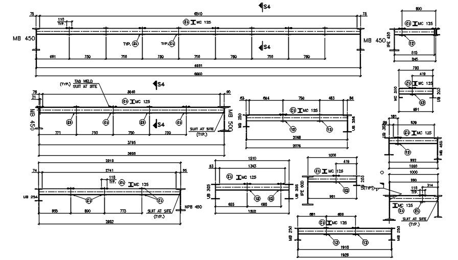 Conveyor Structural Beam section details are provided in this AutoCAD DWG drawing. Download the AutoCAD 2D DWG file.