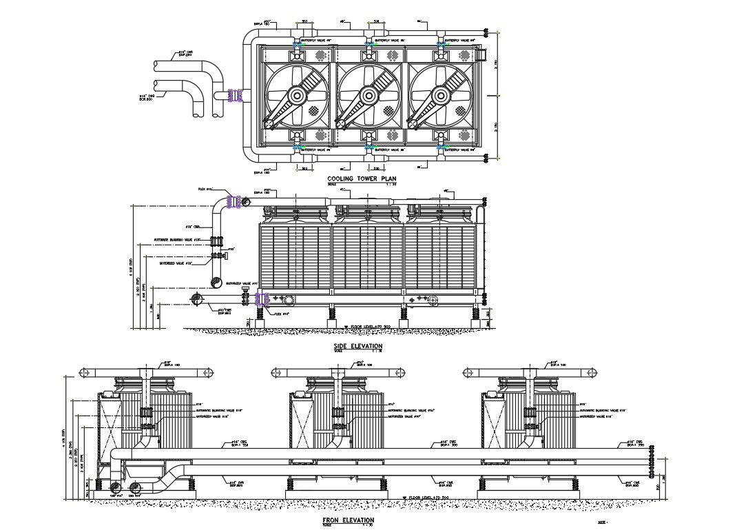 Cooling tower plant of plan, front elevation and side elevation is shown in the autocad DWG drawing file. Download the Autocad 2D DWG drawing file.