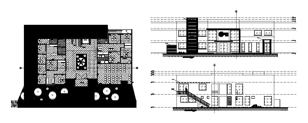 Corporate building elevation, section, plan and floor plan cad drawing ...
