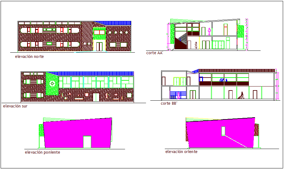Corporate building elevation and different axis section view dwg file