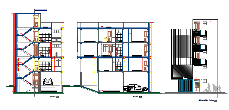 Corporate office apartment building elevation & section details dwg file