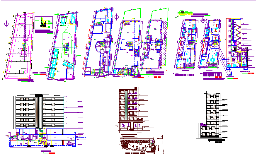 Corporate office building floor plan,elevation and section view dwg file