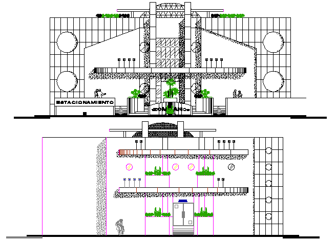 Corporate office building front and back elevation view dwg file