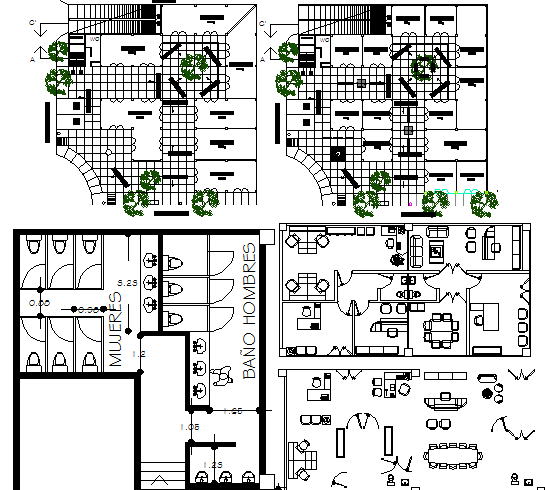 Corporate office building landscaping, layout and sanitary facilities dwg file