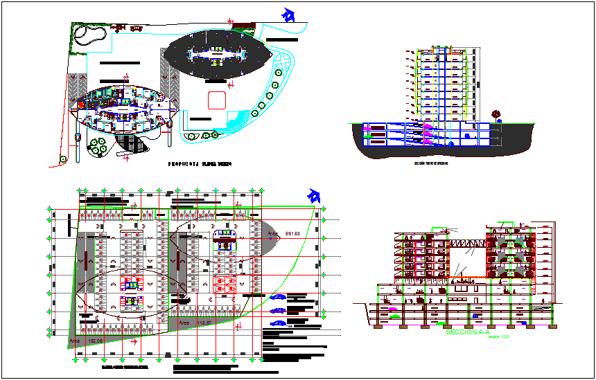 Corporate office building plan,elevation and sectional view dwg file