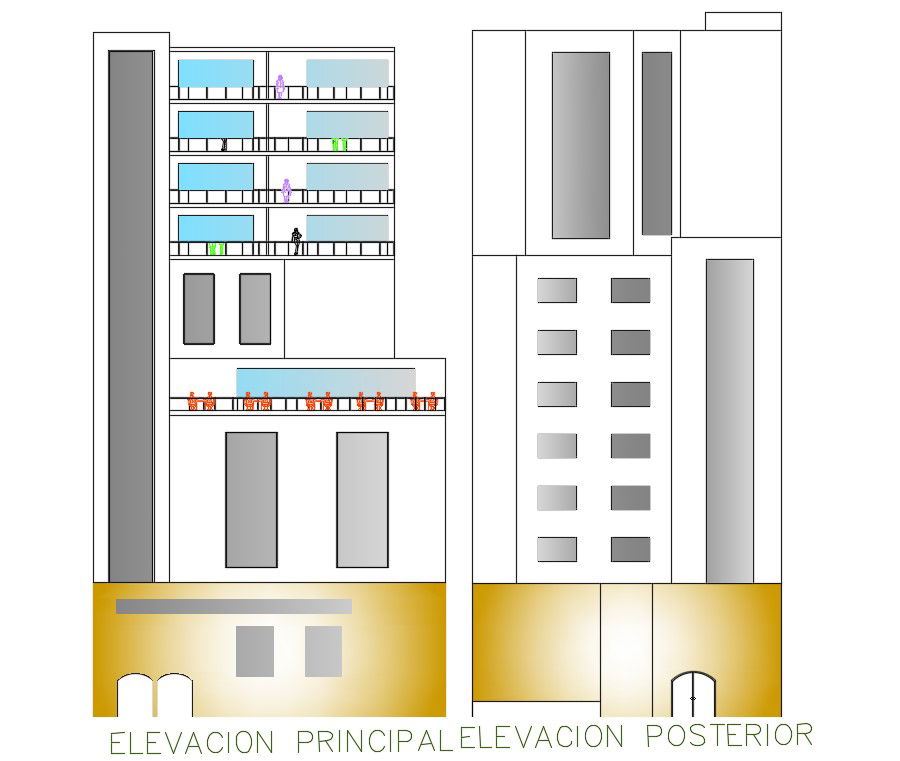 Corporate Building Front And Rear Elevation Design Download DWG File