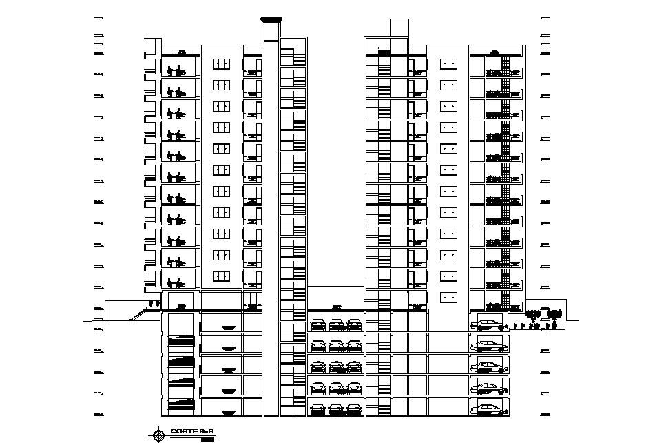 Corporation Building With Basement Parking Section Drawing DWG File