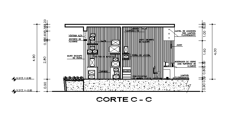 Corte view of the 9x6m ticket office plan is given in this autocad drawing file. Download the Autocad file.