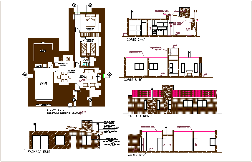 Cottage house design view with plan and sectional view dwg file