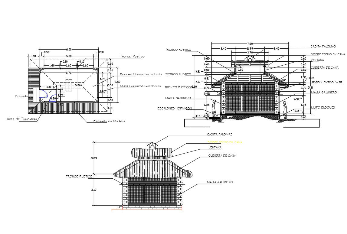 Cottage house facade and back elevation and auto-cad details dwg file