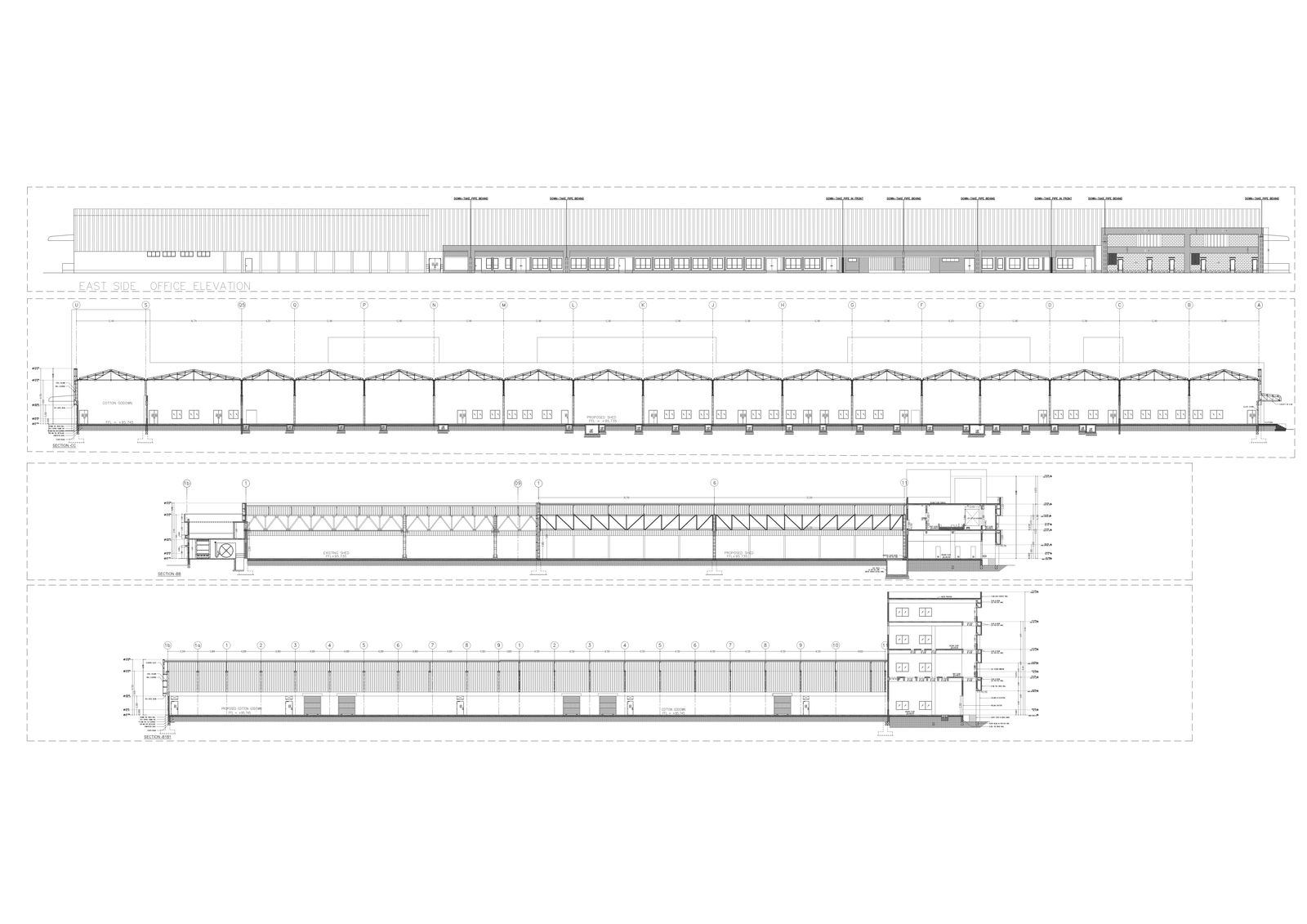 Cotton Goddown east side shed elevation, shed structural design, detail section DWG AutoCAD file