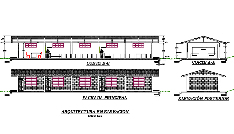Country school in detail dwg file