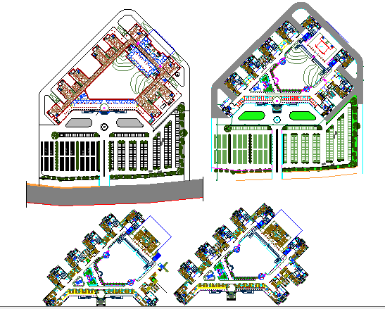 Court landscaping, site plan and floor plan details dwg file