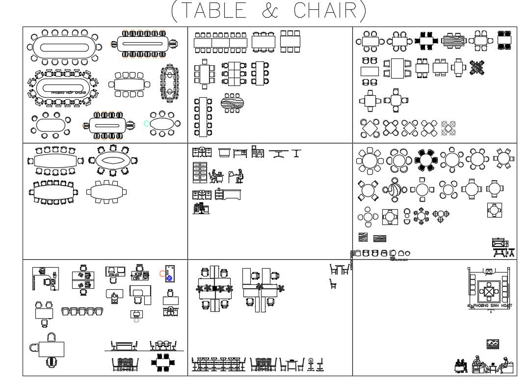 Creative multiple table and chair blocks cad drawing details dwg file