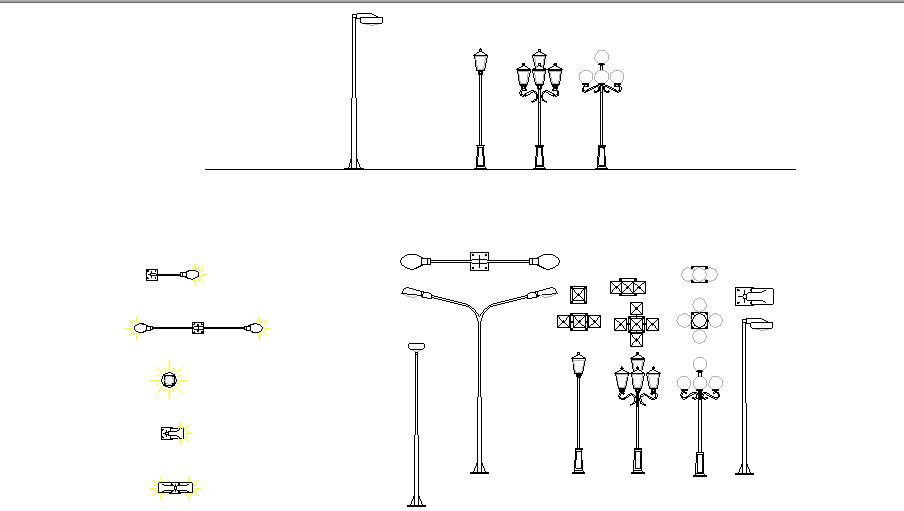 Creative street lights and light pole blocks cad drawing details dwg file