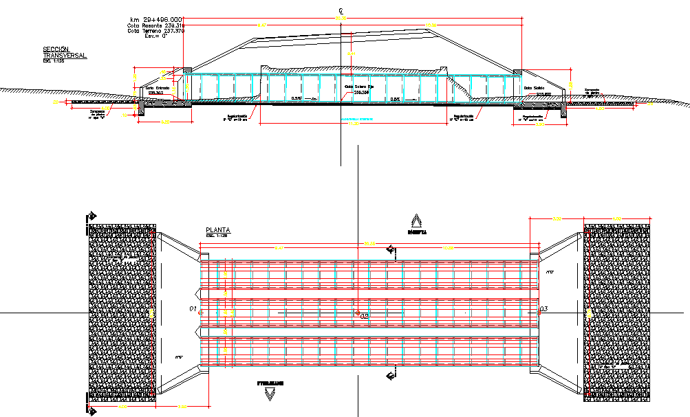 Cross triple plan and section detail autoacd file