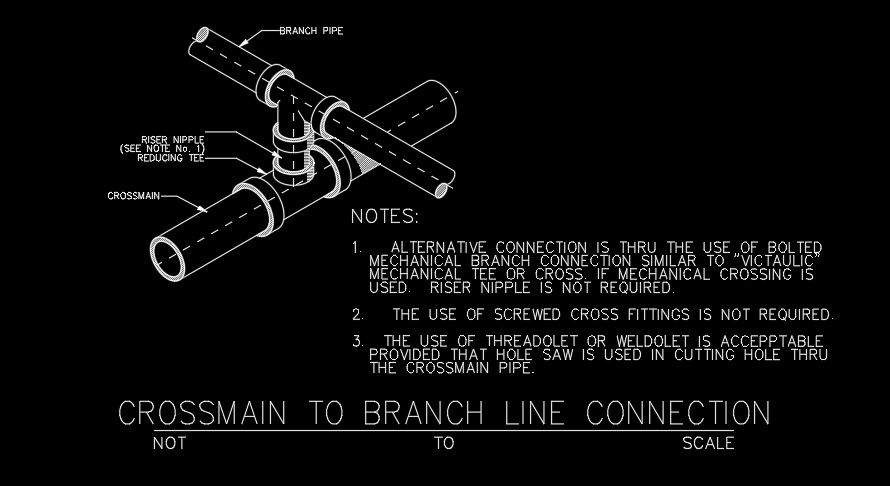 Cross main to branch line connection AutoCAD drawing