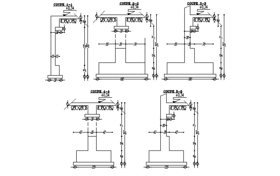 Cross section 1-1, 2-2, 3-3, 4-4, and 5-5 of foundation structure below the ground level in AutoCAD 2D drawing, CAD file, dwg file