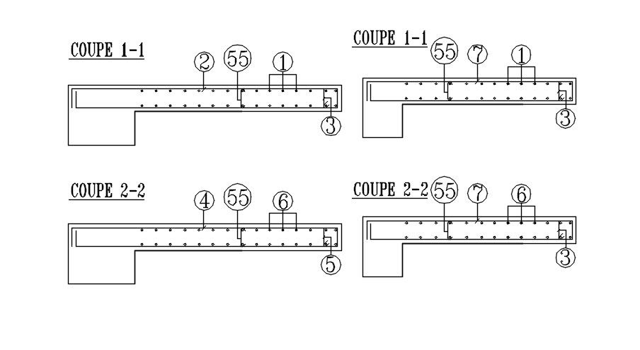 Cross section 1 and 2 of the slab with reinforcement details in AutoCAD 2D drawing, CAD file, dwg file