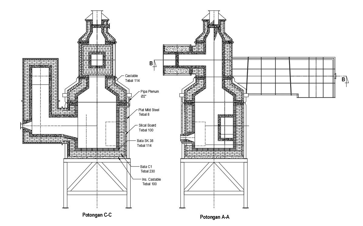 Cross section A and C of incinerator factory structure in AutoCAD 2D drawing, dwg file, CAD file