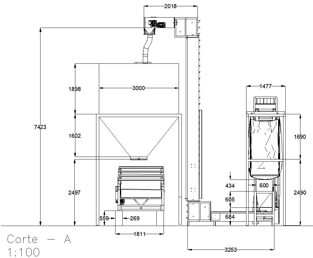 Cross section A of the grain production machine design in detail AutoCAD 2D drawing, CAD file, dwg file