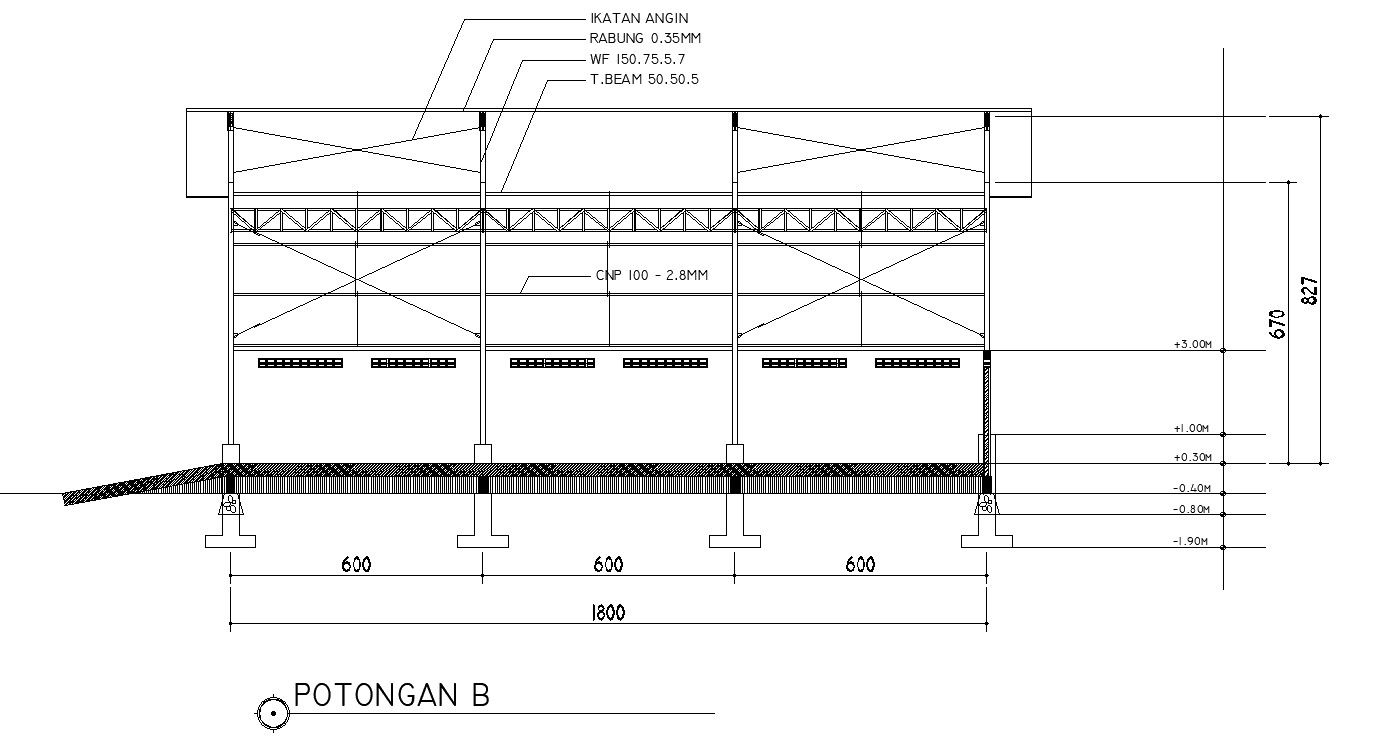 Cross section B of the factory design in AutoCAD 2D drawing, CAD file, dwg file