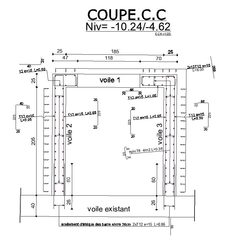 Cross section C-C of structure with reinforcement details in AutoCAD 2D drawing, CAD file, dwg file