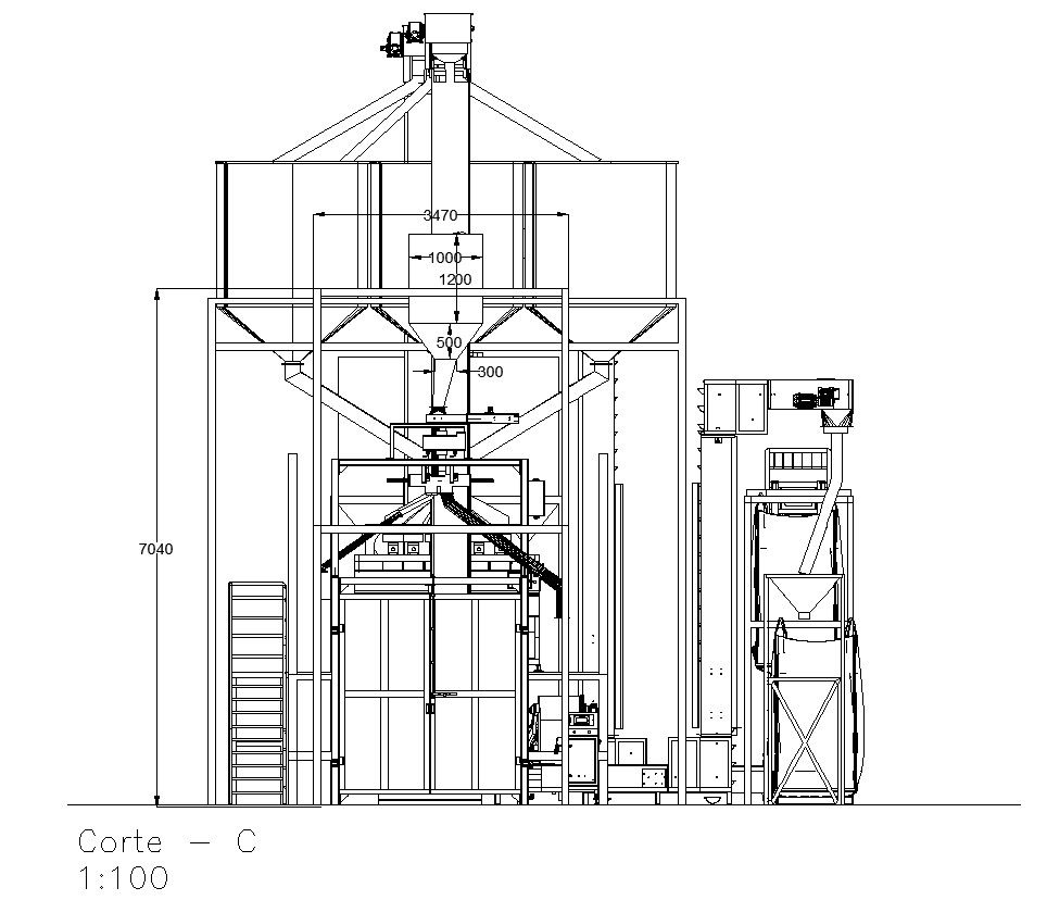 Cross section C of the grain production machine design in detail AutoCAD 2D drawing, CAD file, dwg file