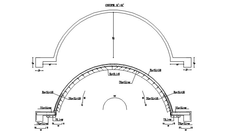 Cross section G-G of formwork with reinforcement details in AutoCAD 2D drawing, CAD file, dwg file