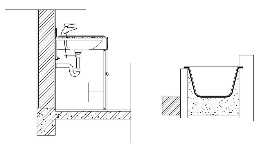 Cross section design of washbasin and bathtub in AutoCAD 2D drawing, CAD file, dwg file