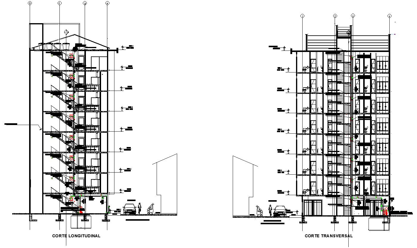 G plus 7 Building Cross-Section CAD with Staircase Detail