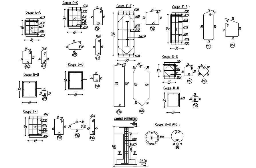 Cross section of beam, column, wall and footing design with reinforcement details in AutoCAD 2D drawing, CAD file, dwg file