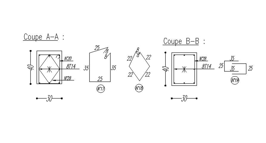 Cross section of beam reinforcement details in AutoCAD 2D drawing, CAD file, dwg file