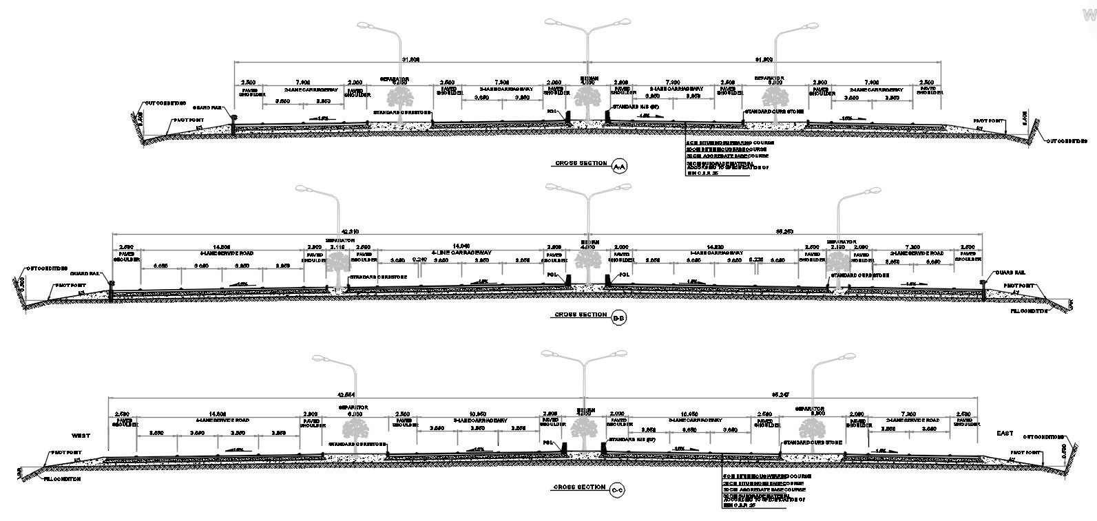Cross section of bypass road with details in AutoCAD 2D drawing, CAD file, dwg file
