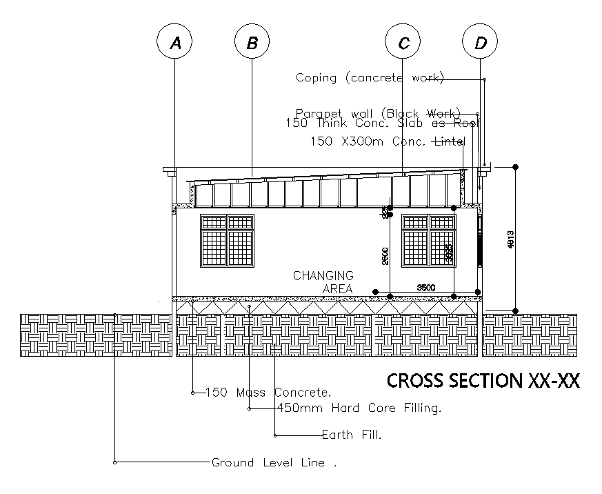 Cross section of canteen satff changing room detail is given in this Autocad drawing model. Download the Autocad file.