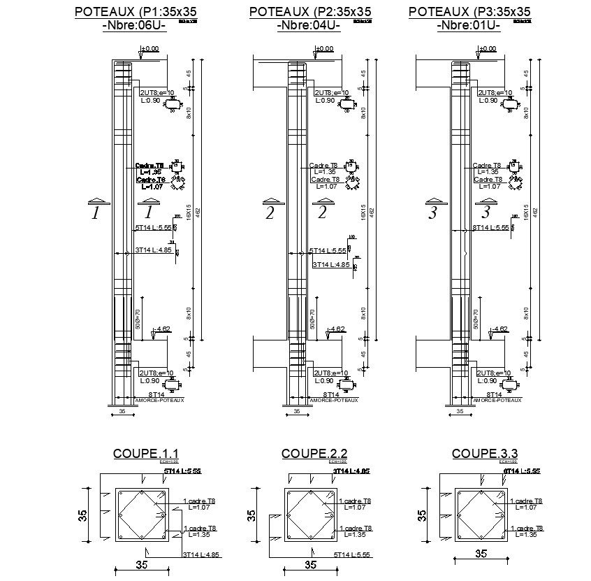 Cross section of column design with dimensions and details in AutoCAD 2D drawing, CAD file, dwg file