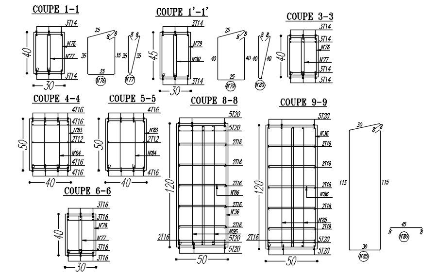 Cross section of different structures with reinforcement details in AutoCAD 2D drawing, CAD file, dwg file