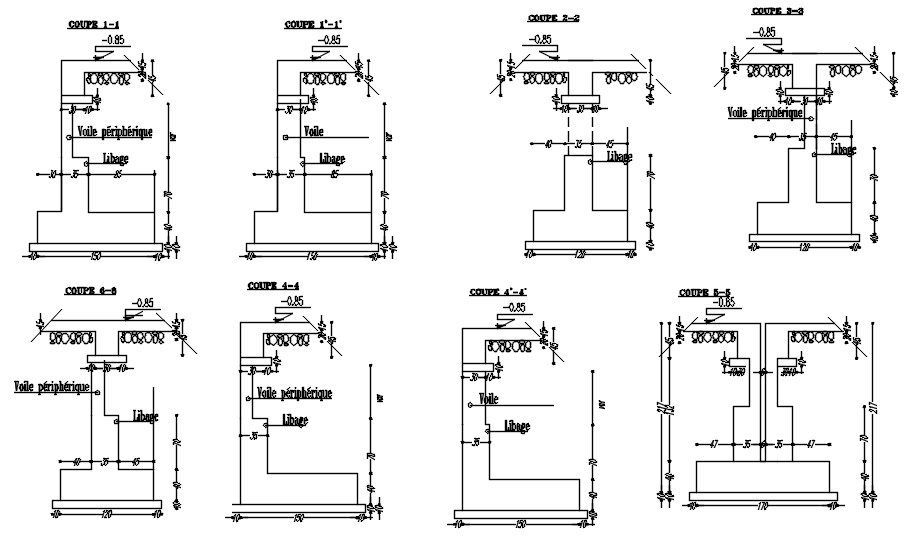 Cross section of footing details in AutoCAD 2D drawing, CAD file, dwg file