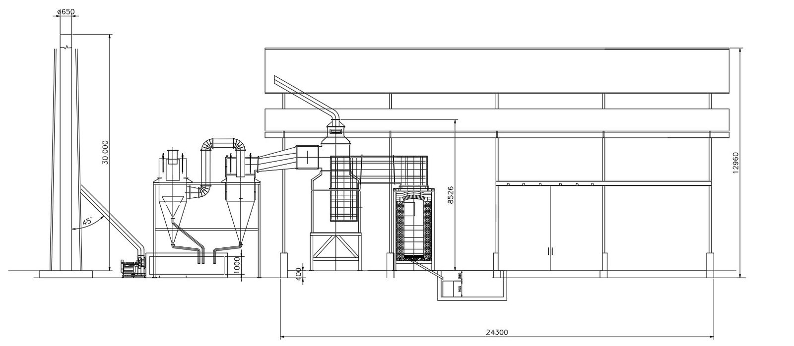 Cross section of incinerator in AutoCAD 2D drawing, CAD file, dwg file