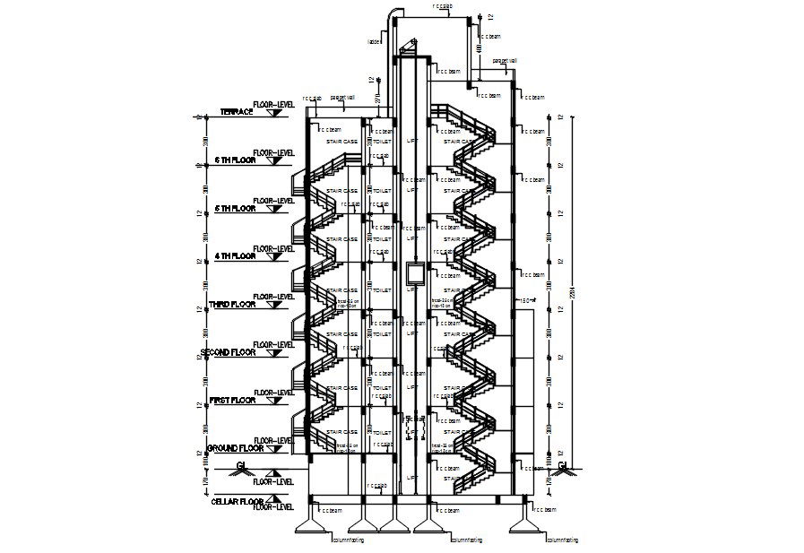 2D Cross-Section Plans of Multistory Building in DWG Format