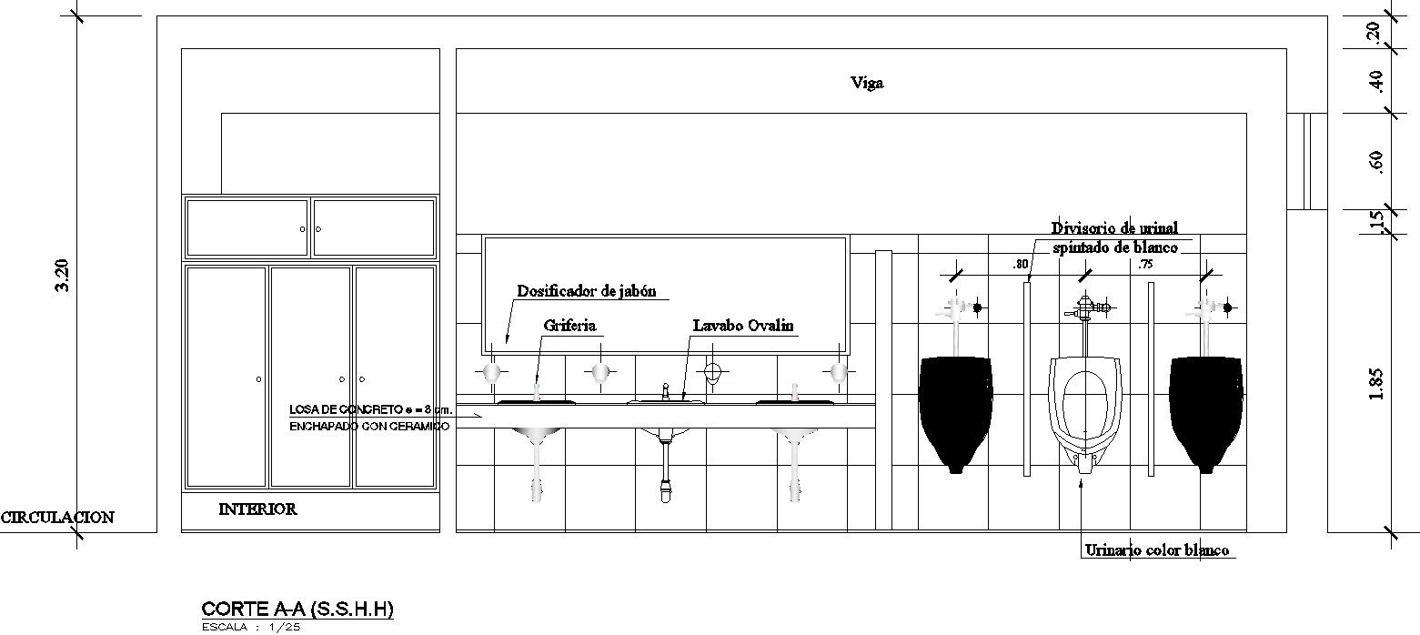 Cross section of public toilet in detail AutoCAD drawing, CAD file, dwg file